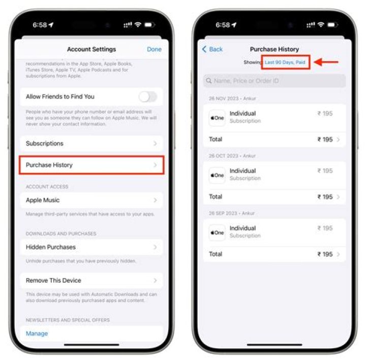 How can I see my app purchase history on iPhone?