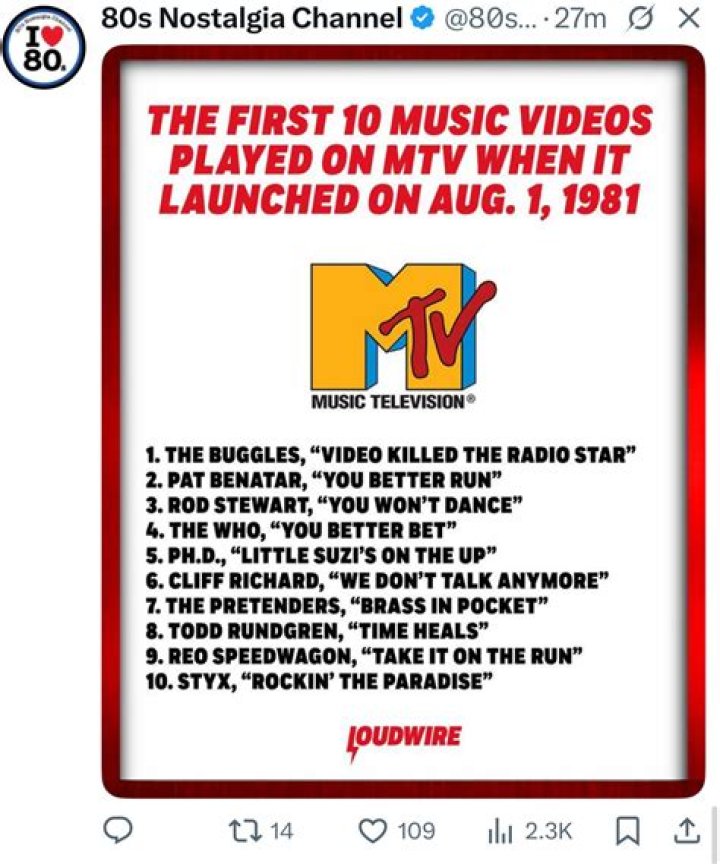 What were the first 10 videos on MTV?